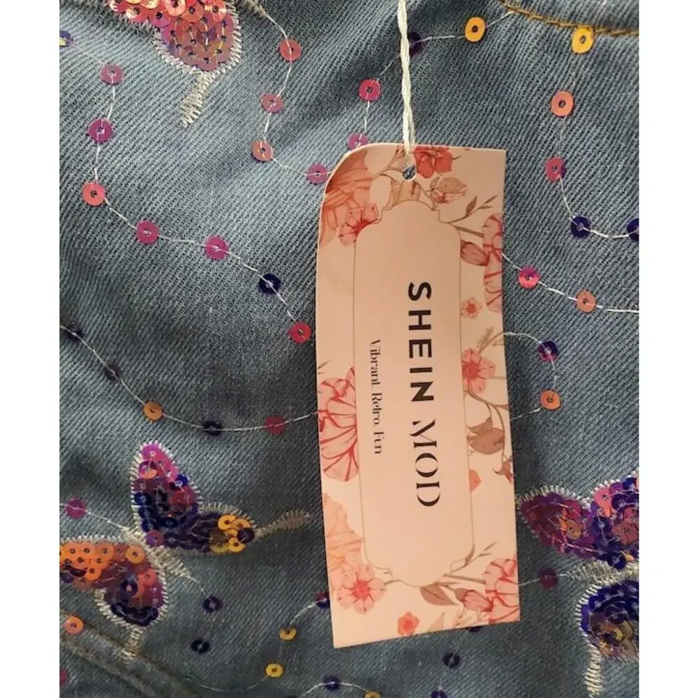 SHEIN MOD Butterfly Sequin Split Thigh Denim Skirt - Size 28-Y2K